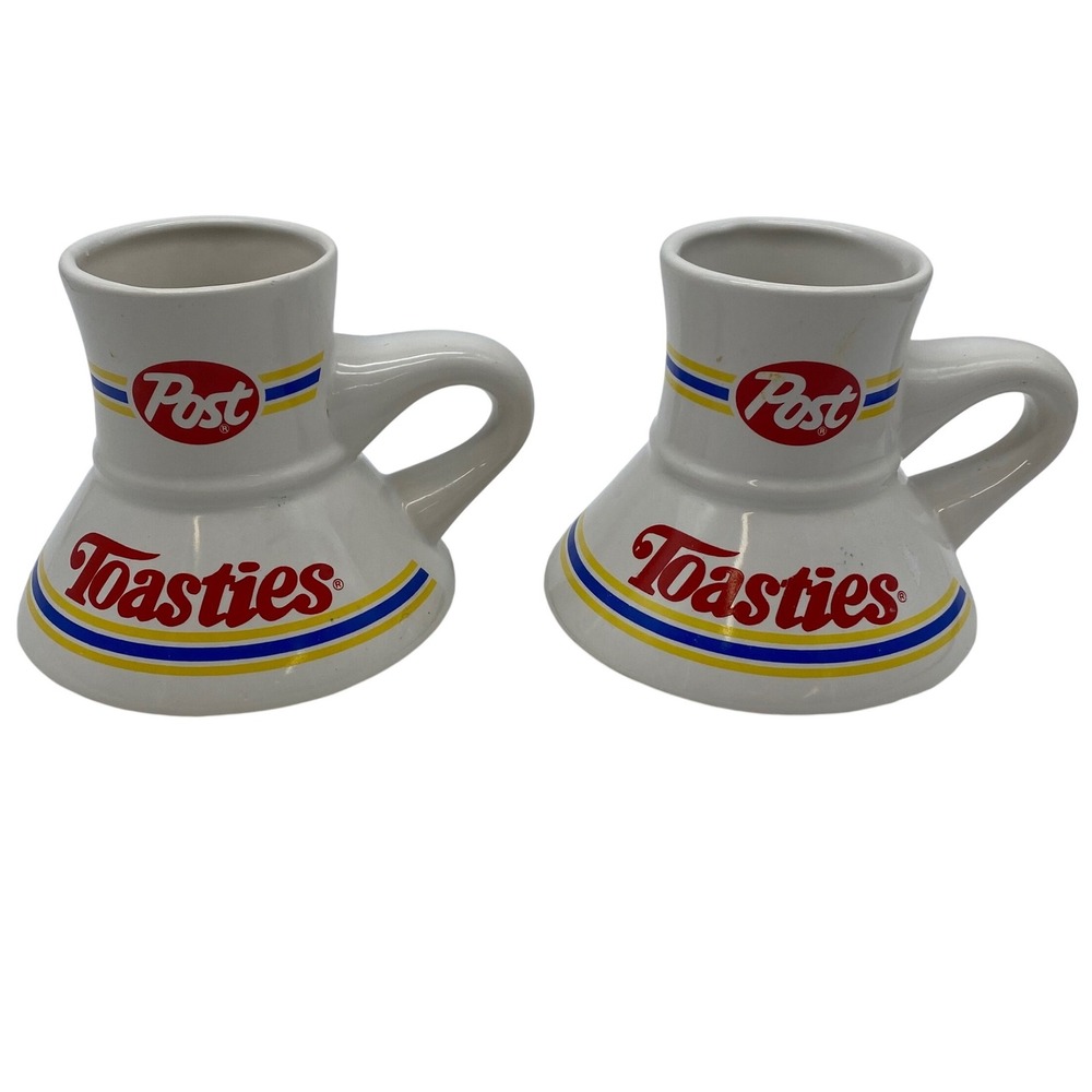 Post Toasties Cereal Mug Set 2 White Red Blue Yellow Wide Base No Tip Vintage